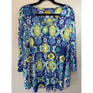 Ruby Rd 3/4 Sleeve Bright Geometric Top W Crisscross Neckline Size 1X‎